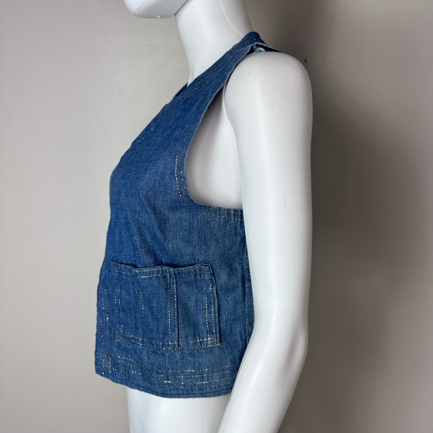 1970s Denim Vest with Gold Metallic Thread Accents, Size X-Small