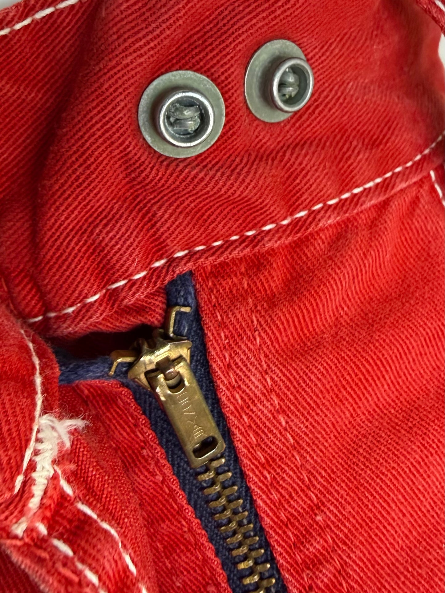 1950s Side Zip Red Denim Pedal Pushers, Cropped Dungarees, Stephens Size XXS, 23.5"x16"