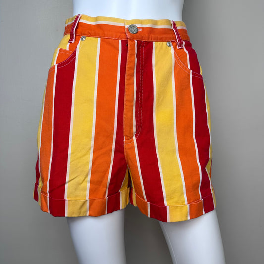 1990s Stripe Denim Shorts, Skoozi Size XS/S, Red Orange Yellow
