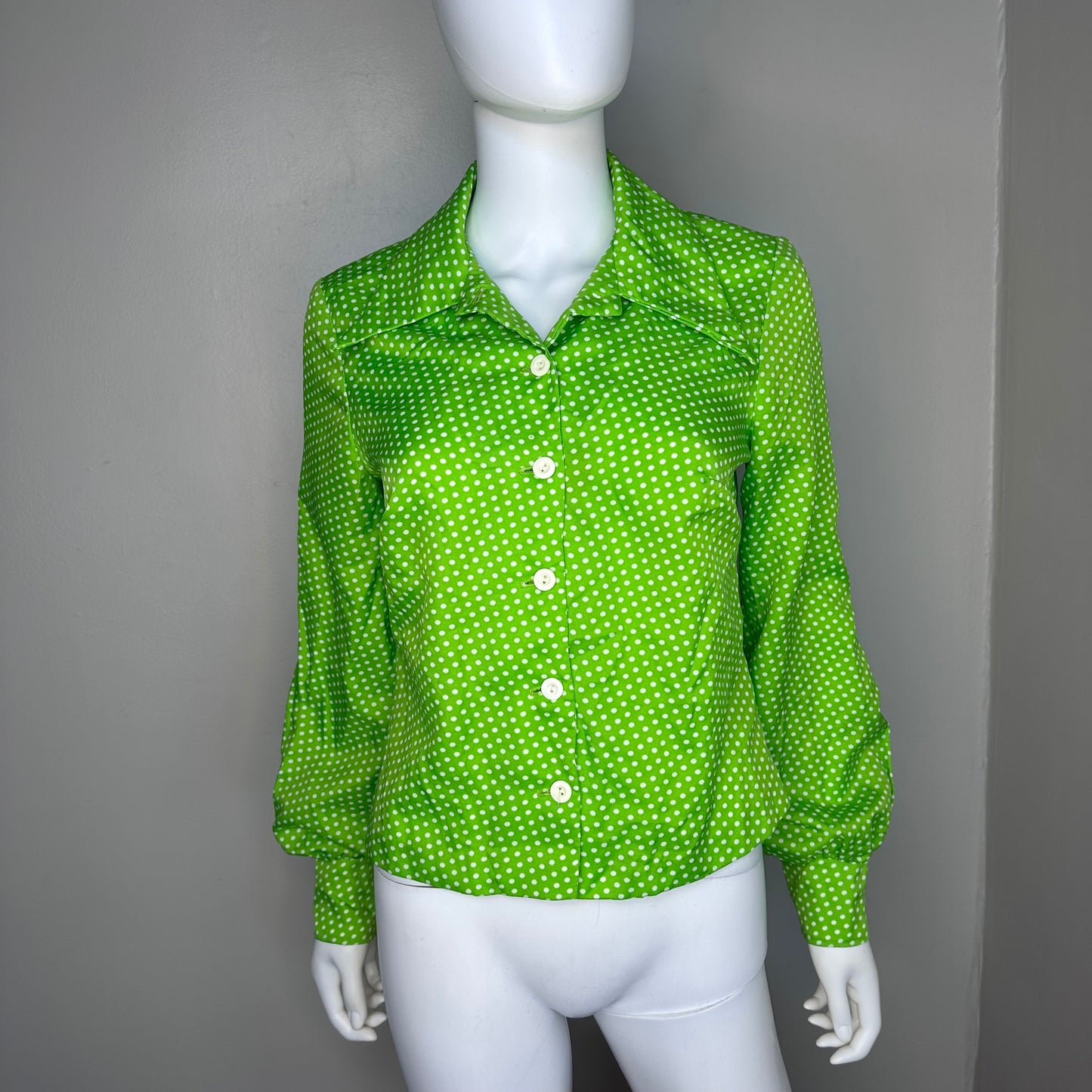 1970s Green and White Polka Dot Blouse, Melissa Lane Size Medium