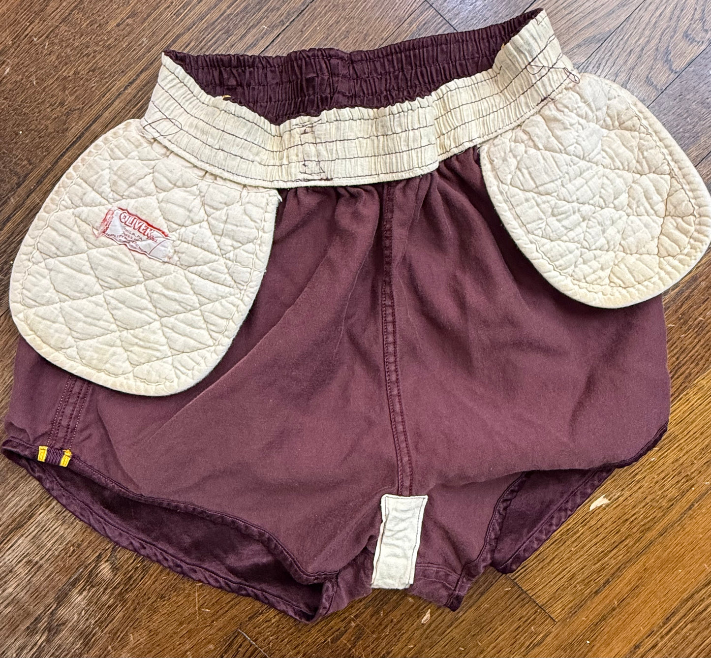 1950s Burgundy Athletic Shorts with Gold Stripes, Belt, Padded Hips, Oliver Bros Phila Pa Athletic Wear Size Small, Basketball? Boxing? Wrestling?
