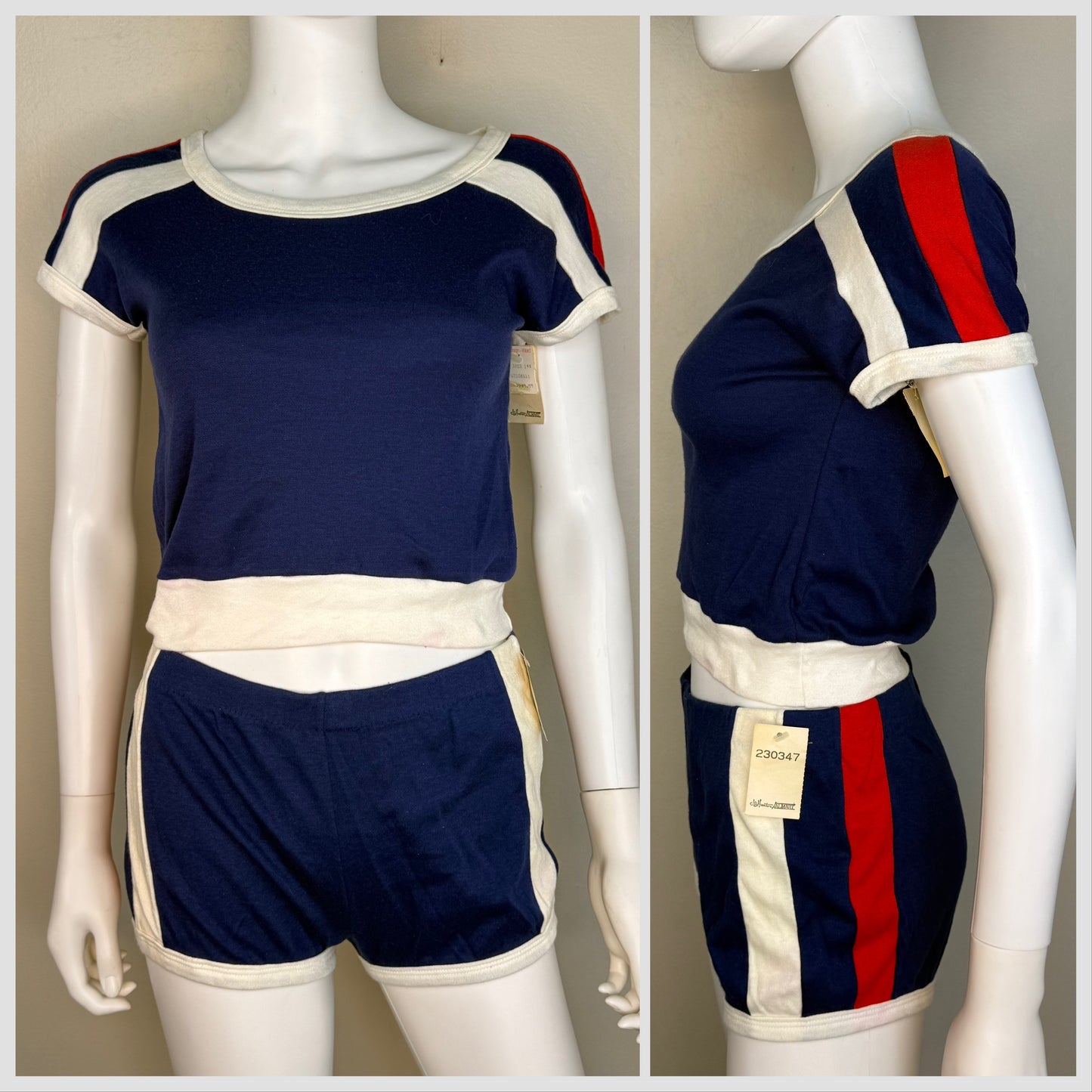 1970s/80s Red Knit Top and Shorts Set with Blue and White Stripes, Size XS-Small, Deadstock