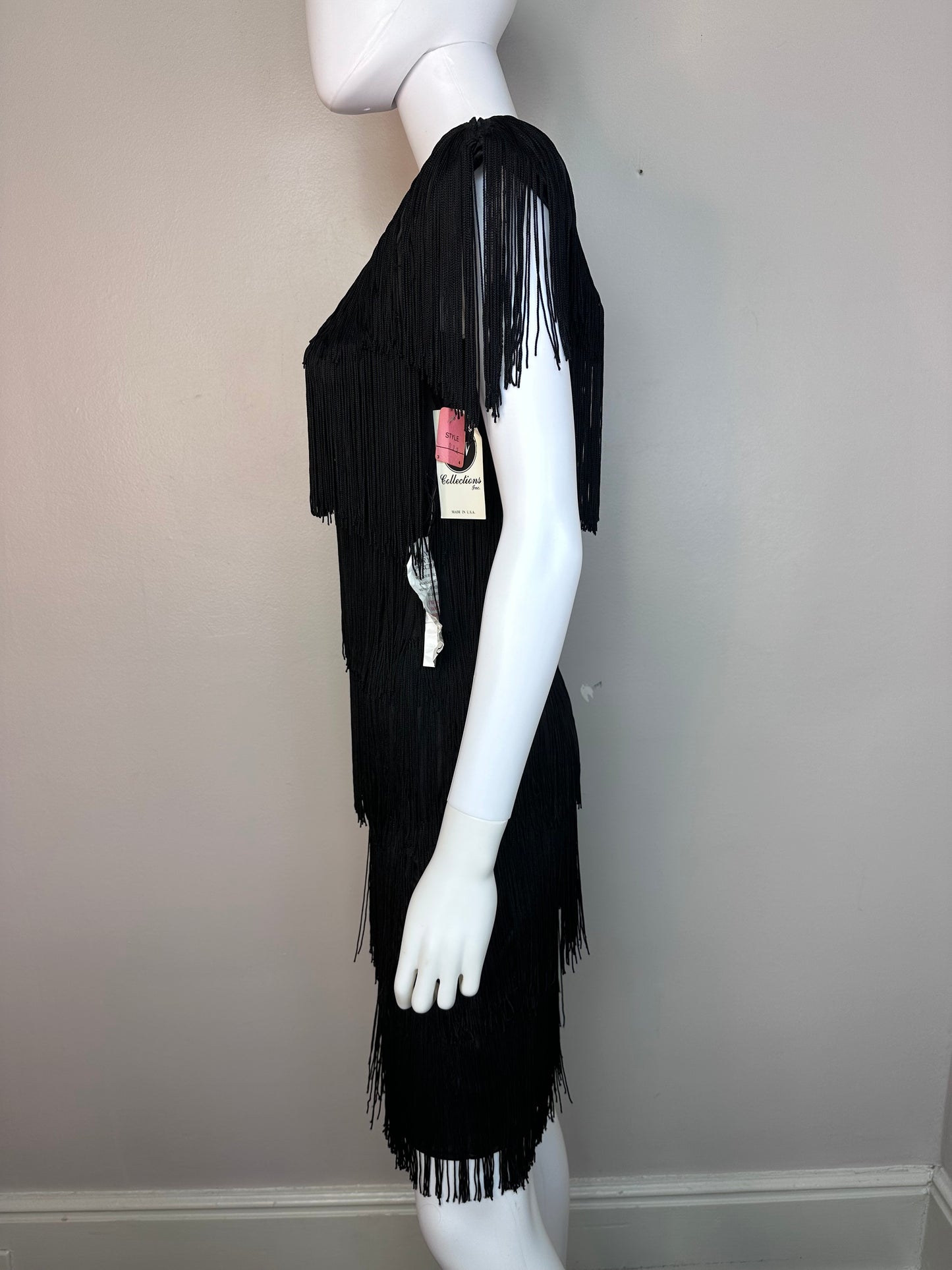 1990s Black Fringe Dress, HW Collections Size XS-Small, Deadstock with Tags