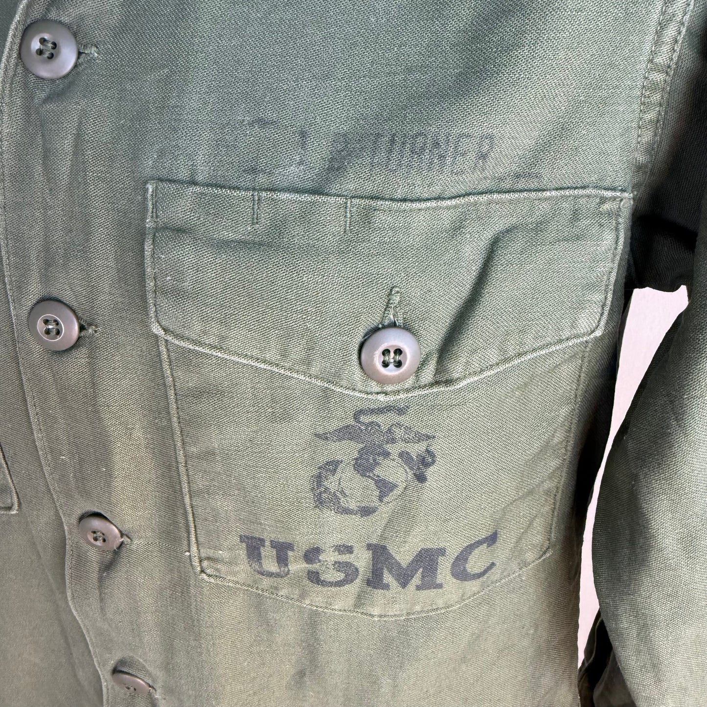 1960s USMC Shirt, Sateen OG 107 Cotton Sateen, Size S/M, US Marine Corps Stencil, Vietnam War Era Uniform