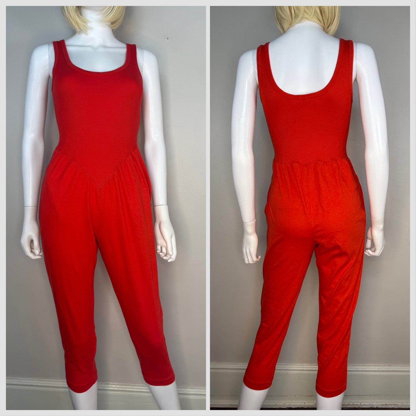 1980s Red Knit Jumpsuit, Hang Ten Size XS/Small, Sleeveless, Capri