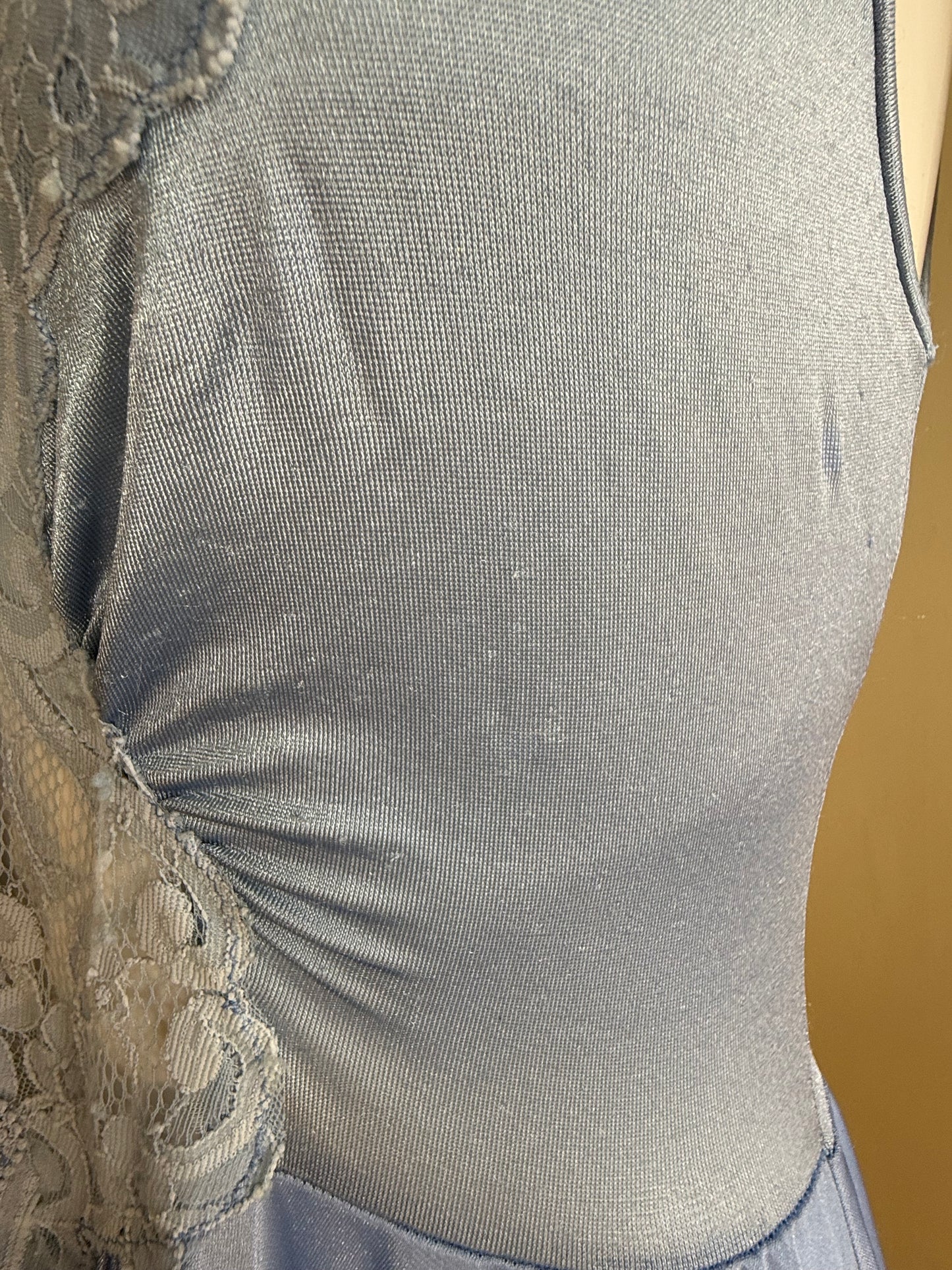 1970s Blue Nightgown with Full Sweep, Lace Cut Out Bodice, Lorraine Size XS-Small