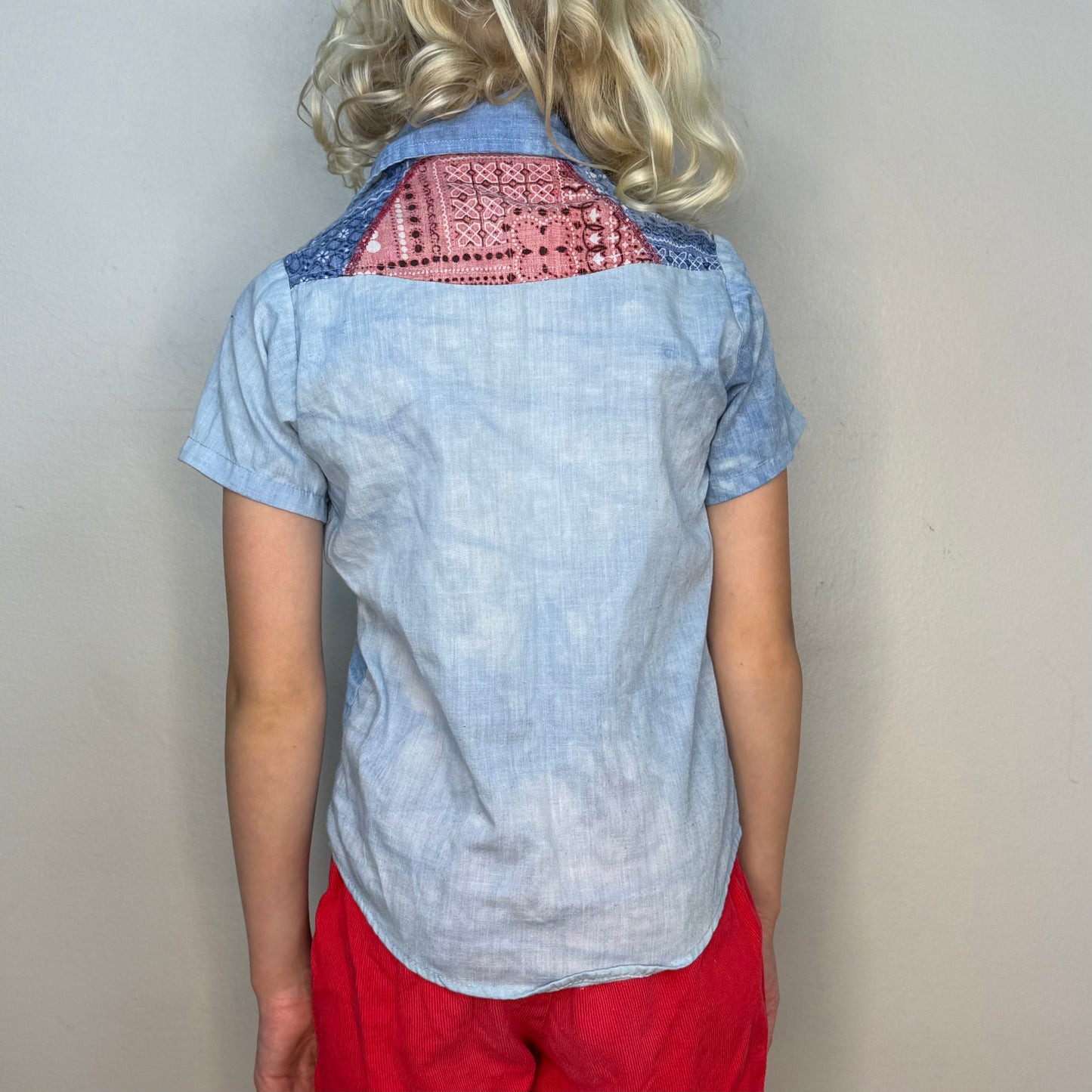 1970s Kids’ Western Shirt, Blue Cloudy Dye and Bandana Patchwork, Size 6