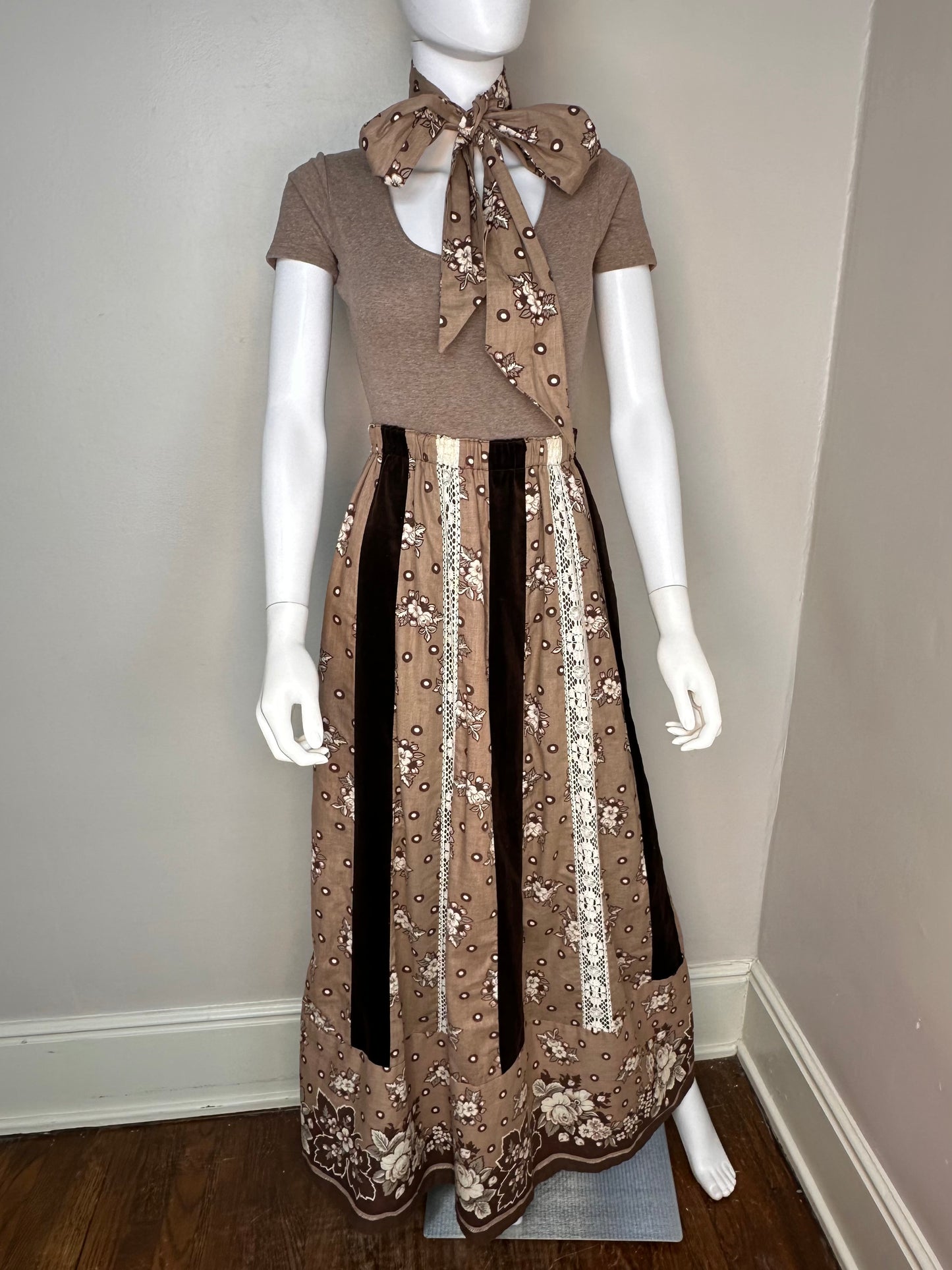 1970s Mocha Brown Floral, Lace, and Brown Velvet Patchwork Maxi Skirt, Mr Hank Size XS-Small