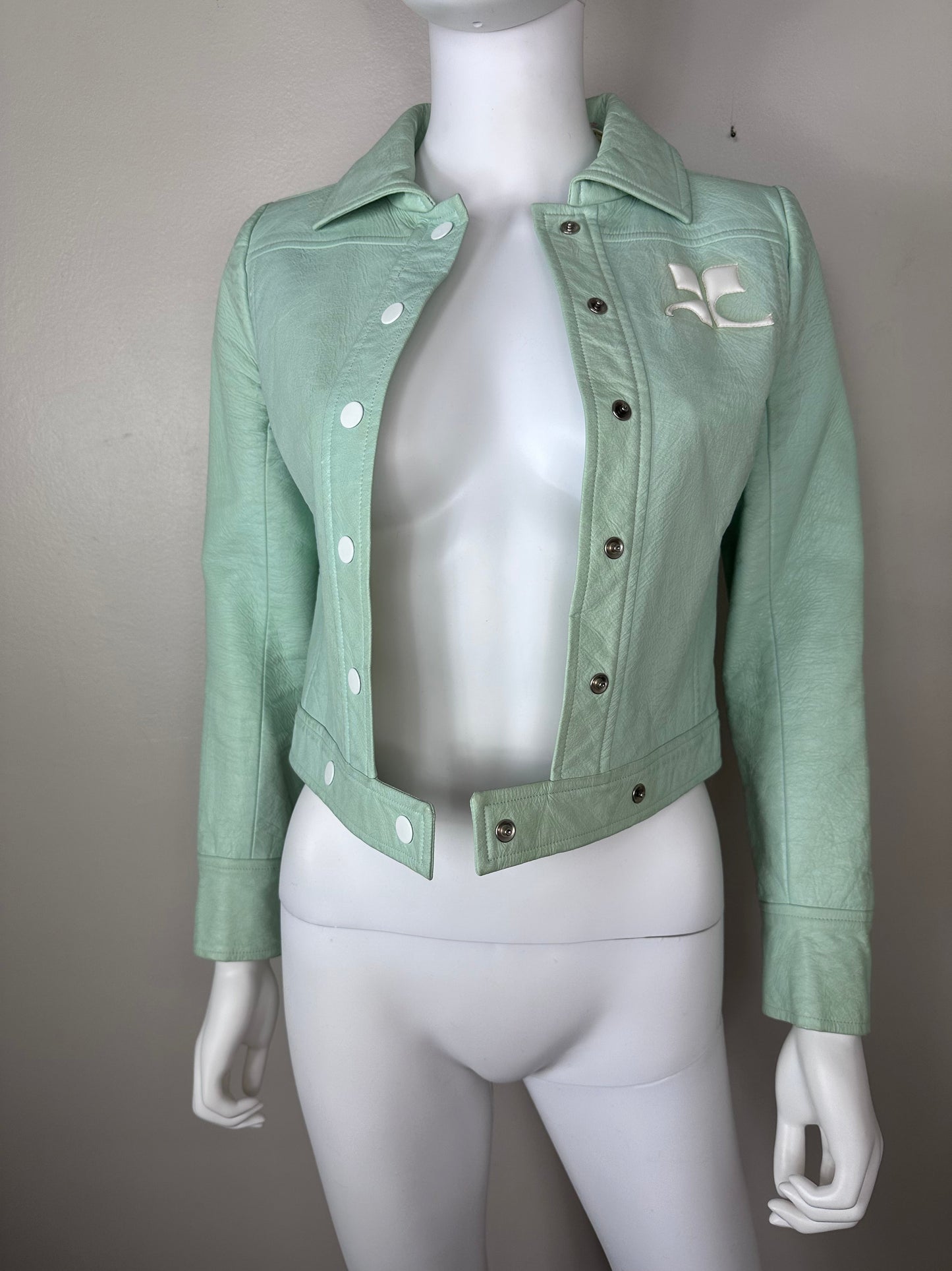 1970s Courrèges Paris Hyperbole Mint Green Vinyl Jacket, Size 00/XXS