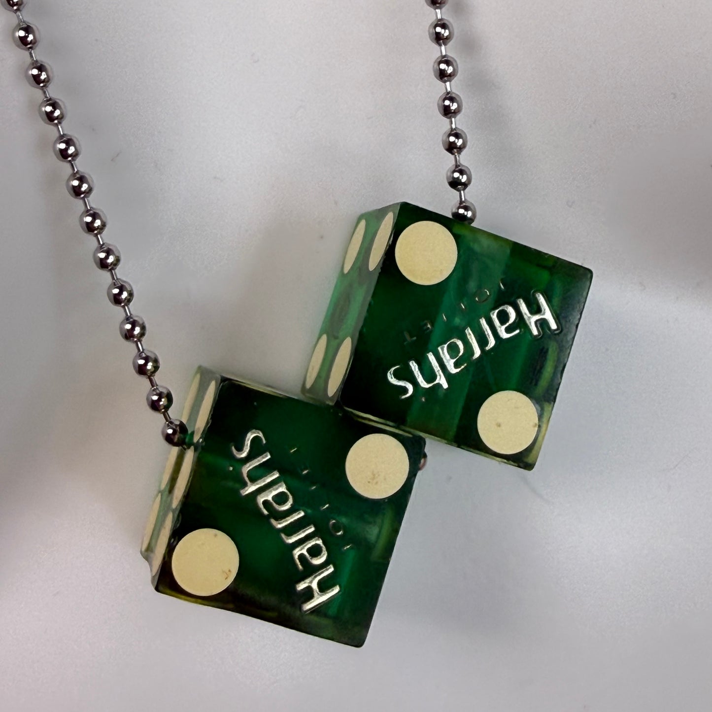 Vintage Dice Necklace, Harrah’s Joliet Casino, Translucent Green