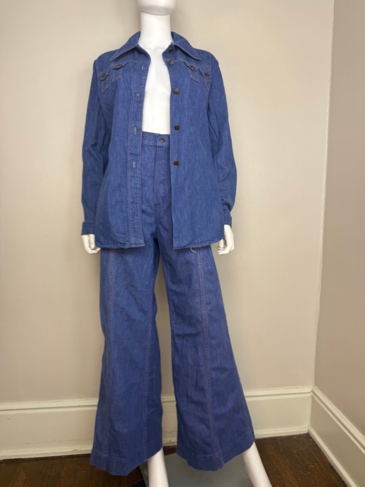 1970s Women’s Denim Suit, Shirt Jacket and Bell Bottom Blue Jeans Set, Sears Jr Bazaar Size Medium