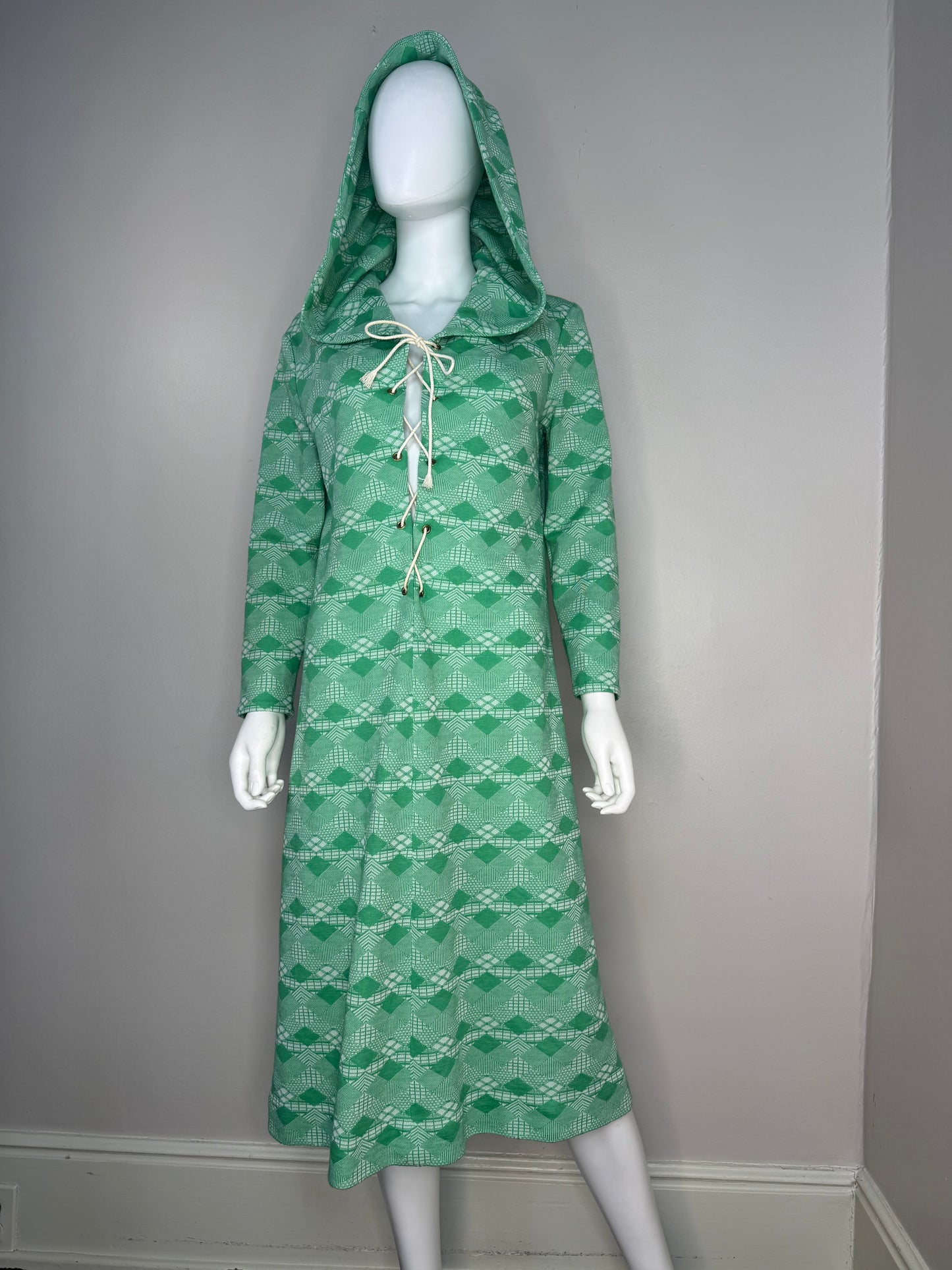 1970s Hooded Lace Up Dress, Size Medium, Green Geometric Polyester Double Knit