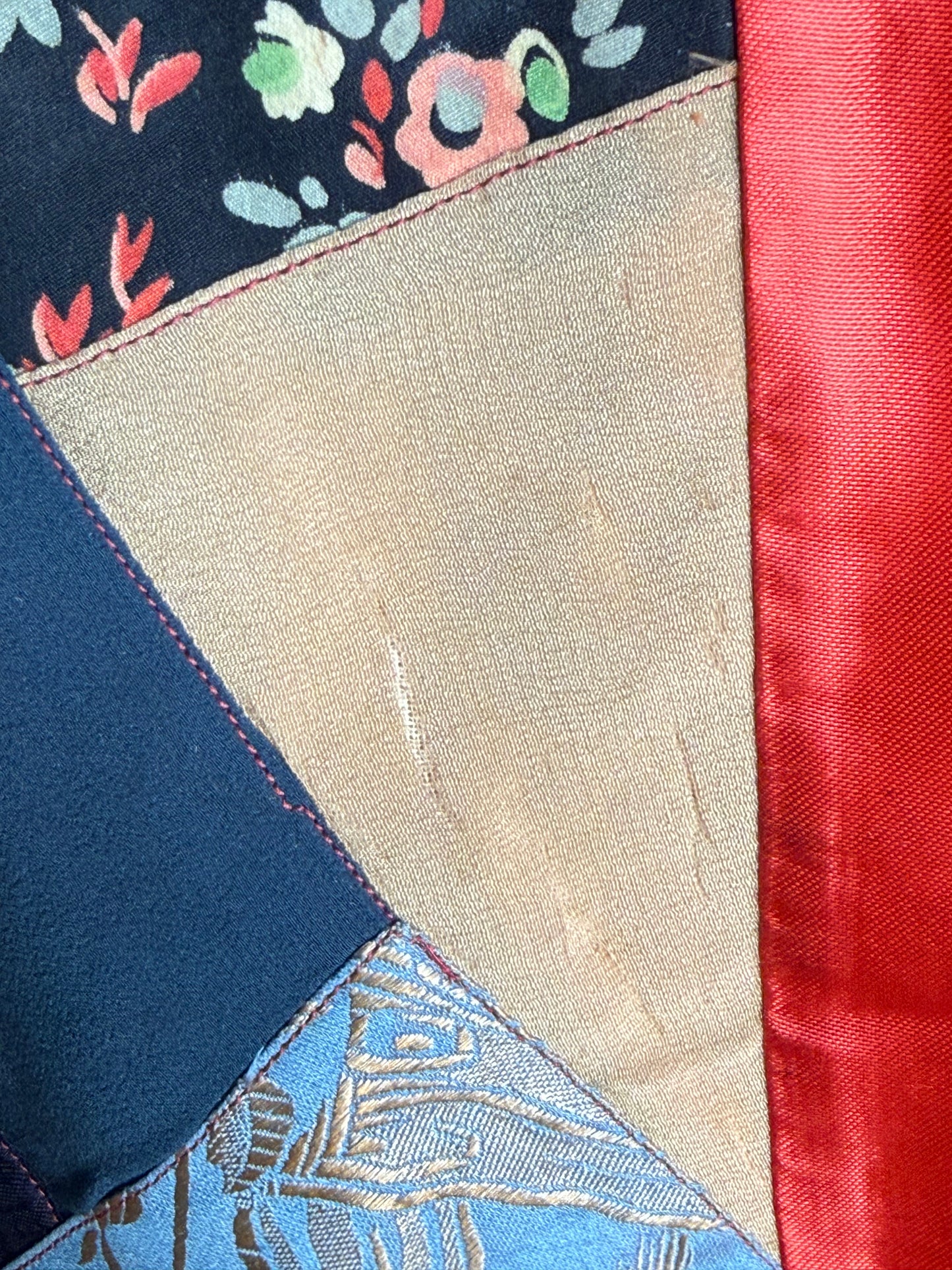 1920s/30s Patchwork Crazy Quilt Robe, Handmade Size XS-Small, Belt with Fringe Trim