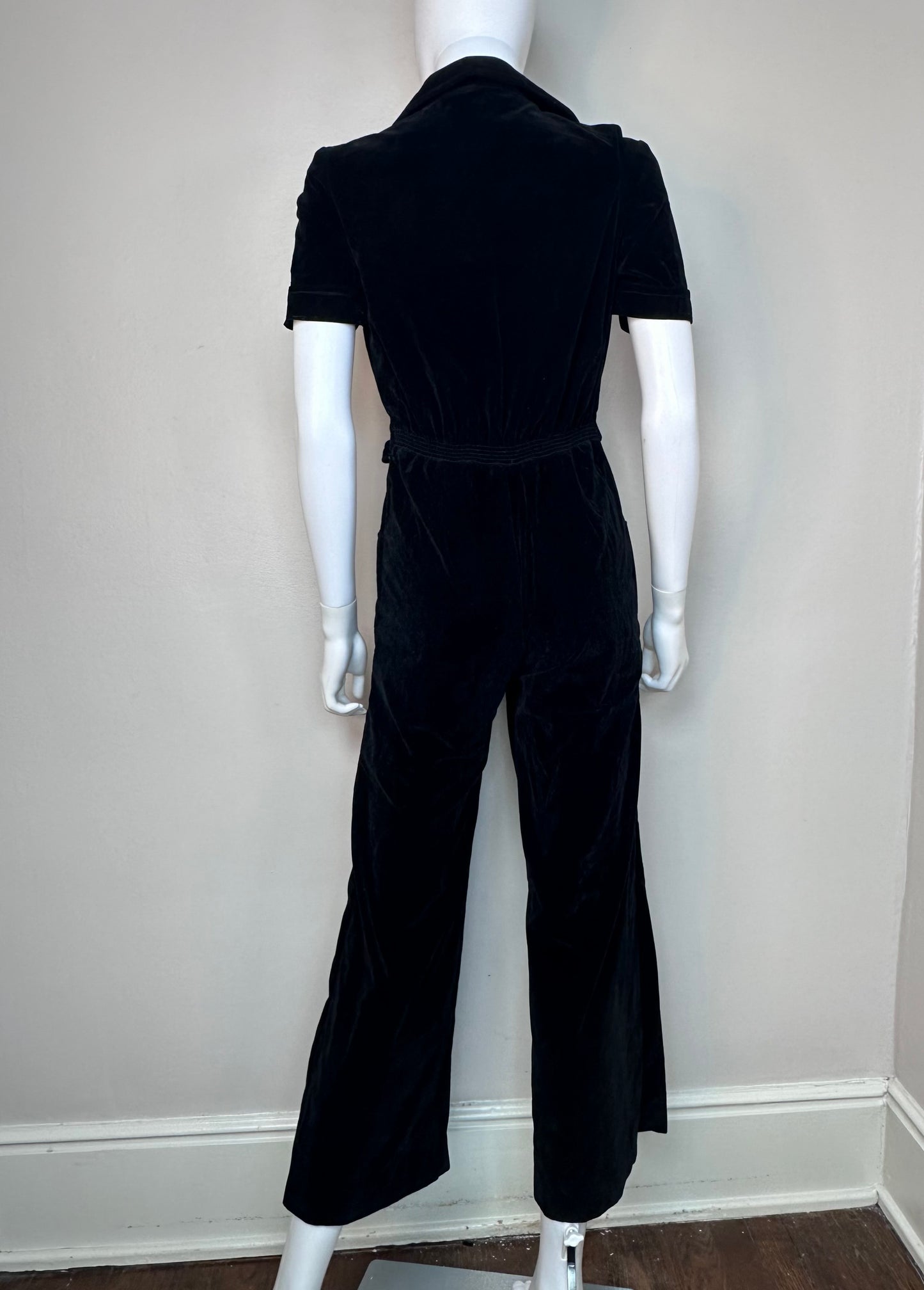 1970s Black Velvet Jumpsuit, Size XS, Short Sleeve, Zip Up, Flare Leg