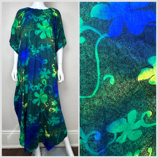 1970s Psychedelic Floral Caftan, Accordion Pleat, Open Sizing