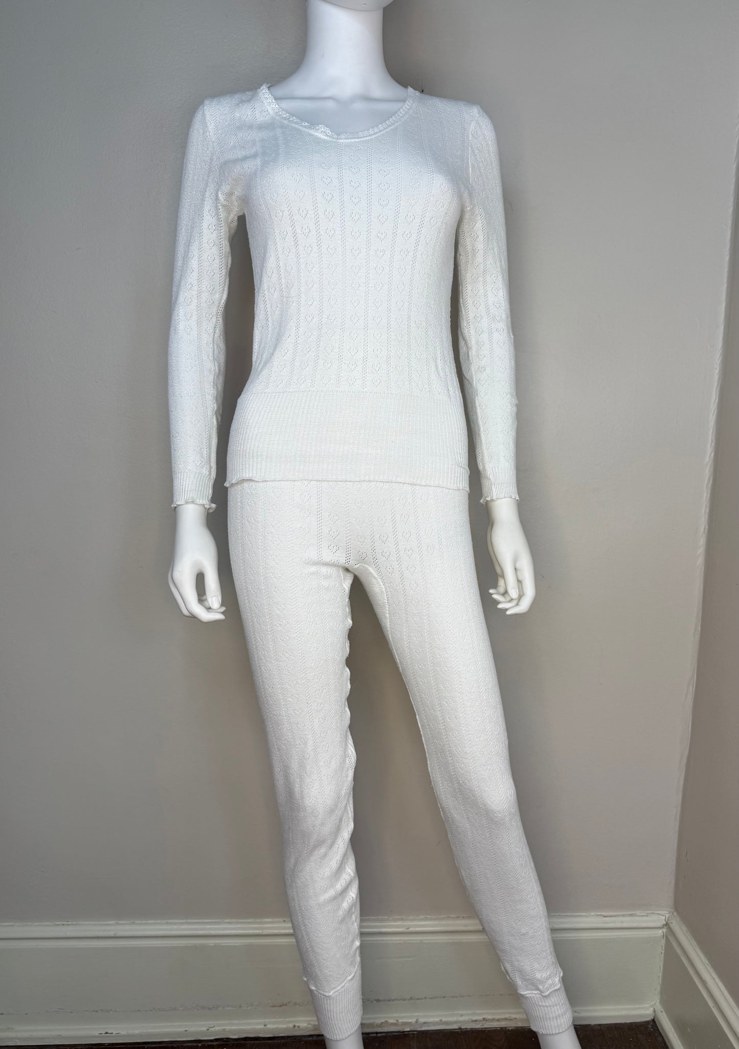 1980s White Pointelle Hearts Thermal Shirt and Pants Set, Duofold Thermax Size Medium, Long John Winter Underwear