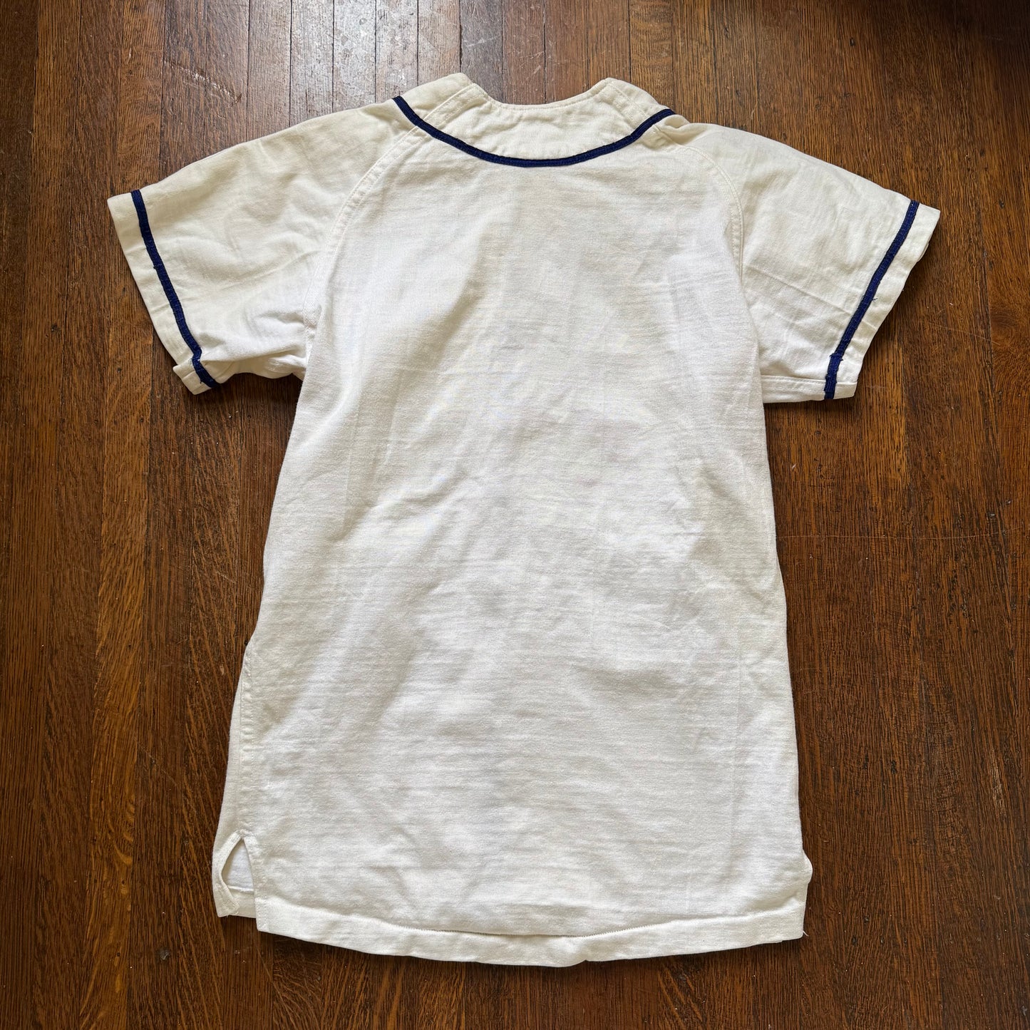 1950s Baseball Jersey, Zip Up Shirt, Russell Southern Co Size Small, Blank White with Blue Trim