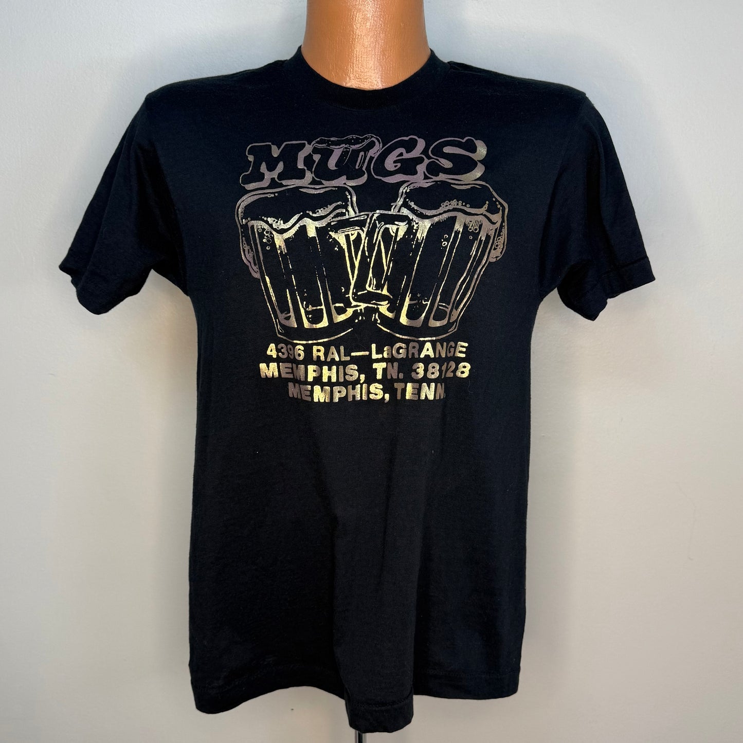 1980s Mugs Memphis Bar T-Shirt, Shiny Metallic Print, Screen Stars Size Small