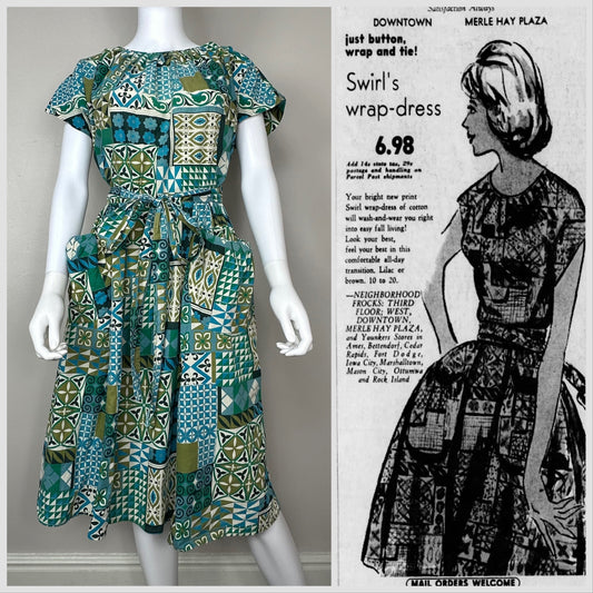 1950s/60s Swirl Wrap Dress, Size M/L, Geometric Patchwork Print