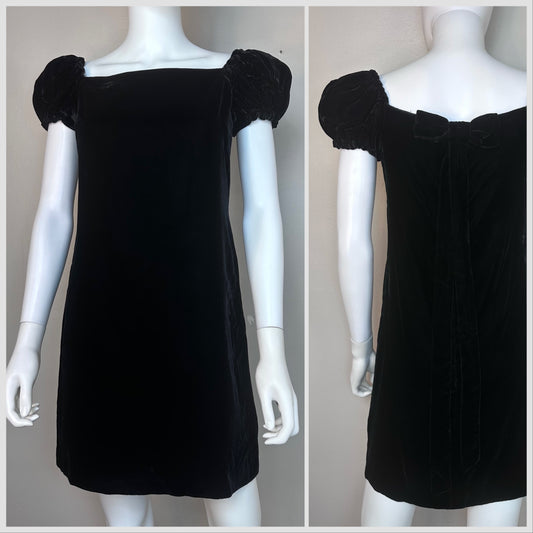 1960s Black Velvet Mini Dress with Puff Sleeves, Size XS, Back Bow