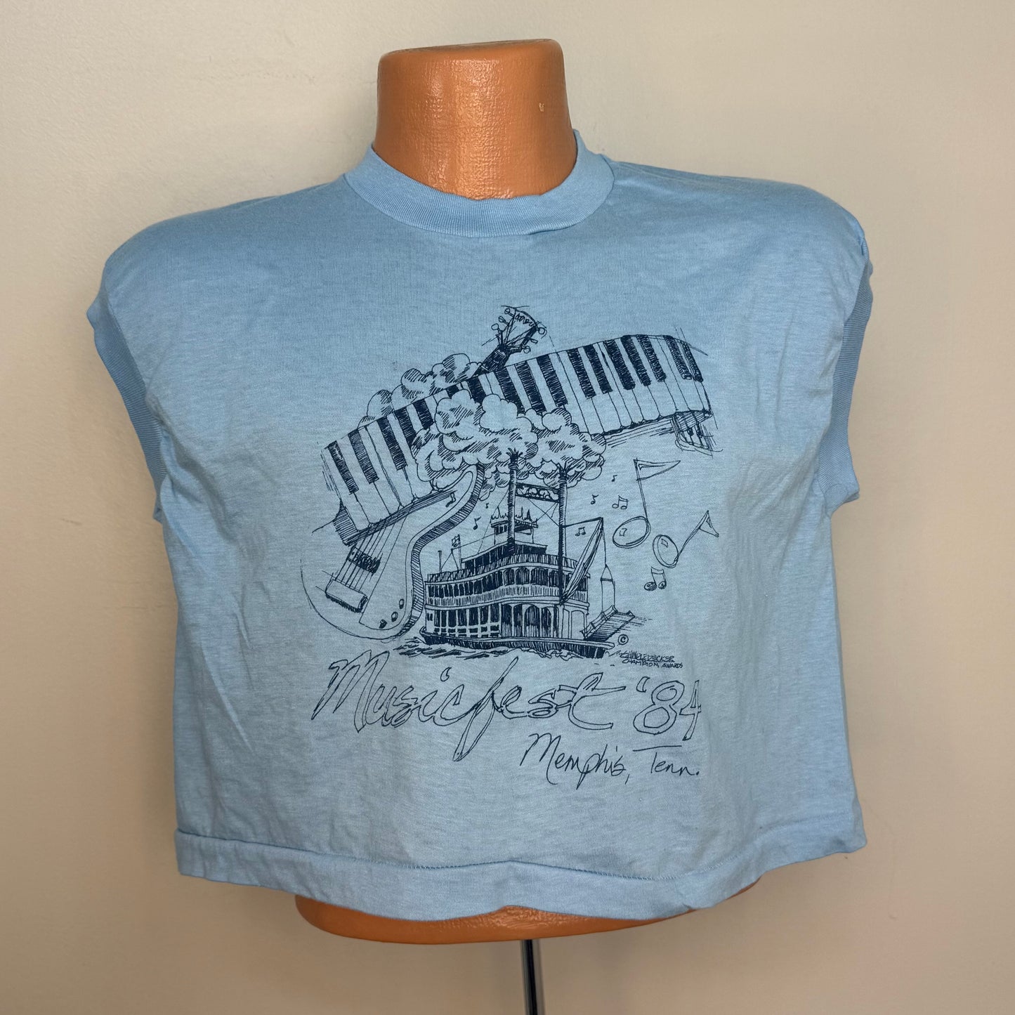 1980s Memphis Musicfest ‘84 Cropped Sleeveless T-Shirt, Memphis in May Beale Street Music Fest 1984, Screen Stars Size Large