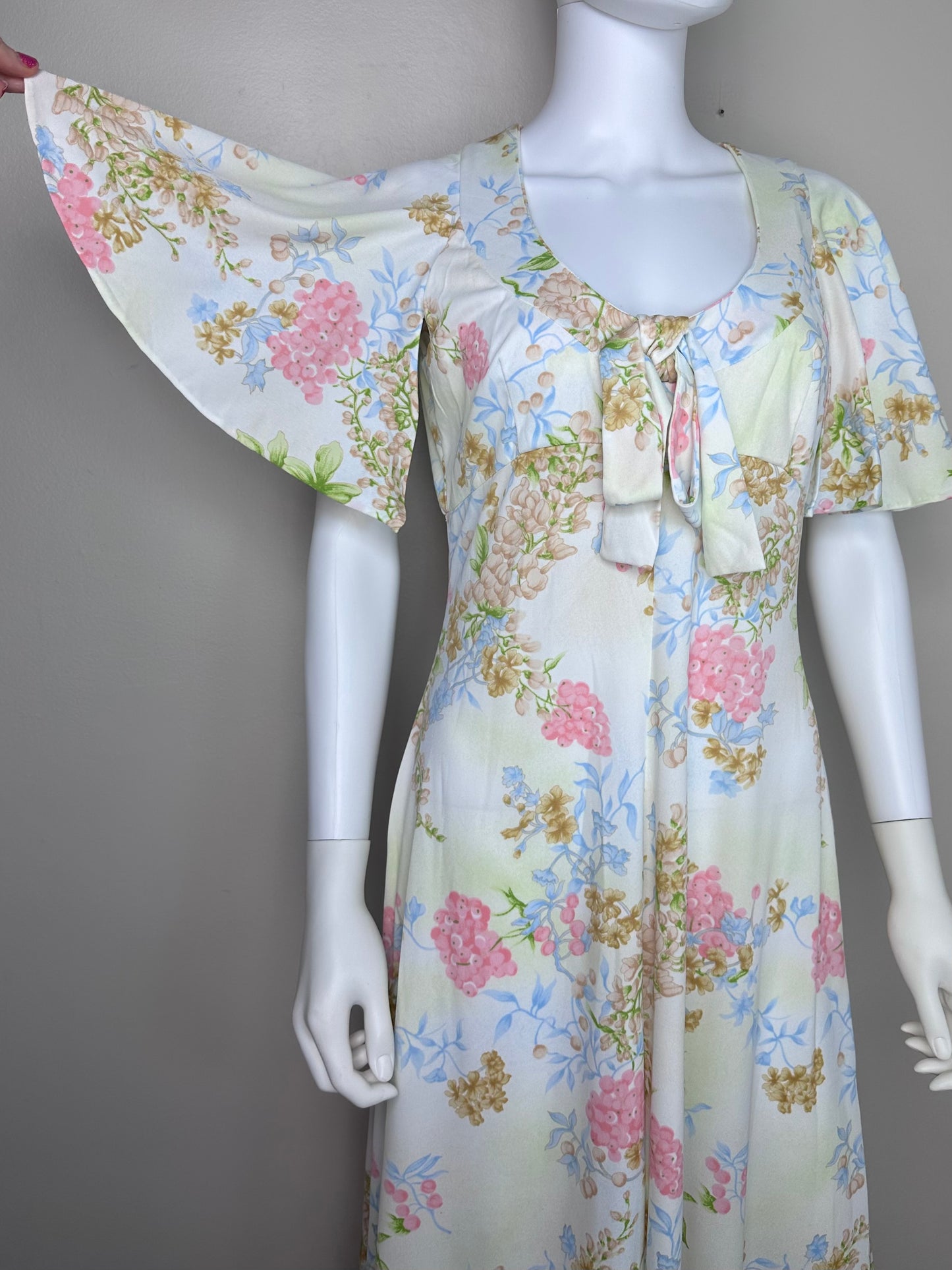 1970s Cream and Pink Floral Maxi Dress, Handmade Size Medium