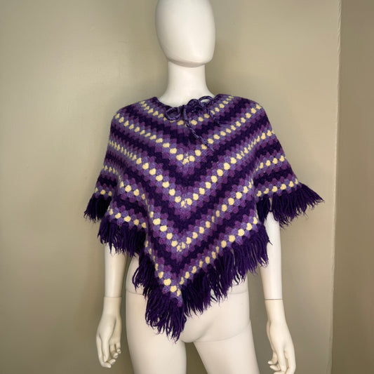 1970s Purple Stripe Crochet Poncho with Fringe, Handmade