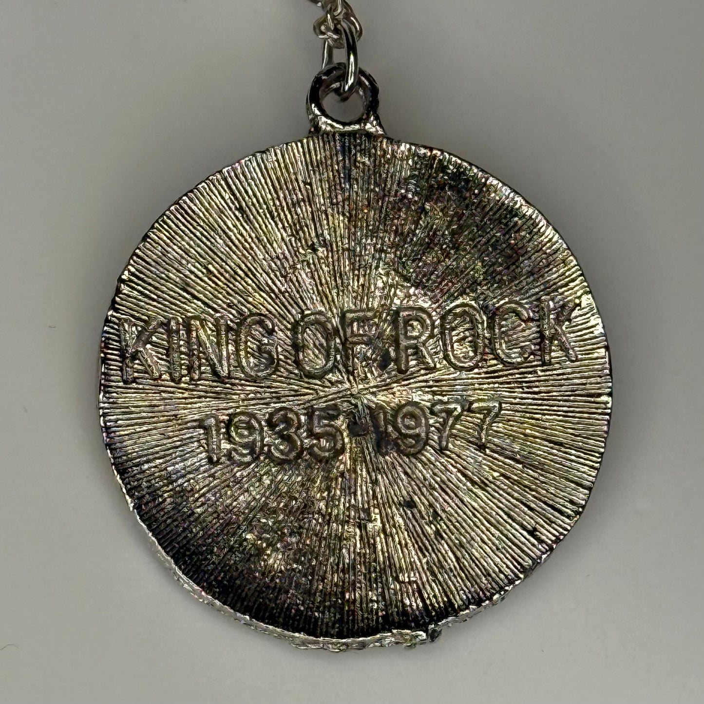 1970s Elvis Presley Necklace, King of Rock 1935-1977, Silver Tone Medallion, 16.25" Chain
