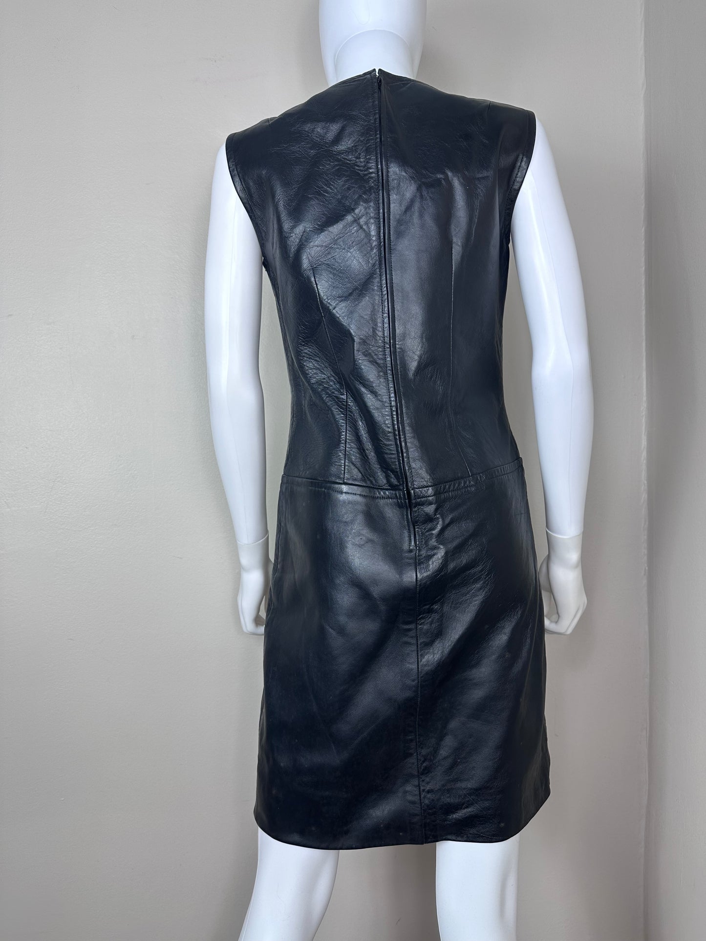 1960s Black Leather Mini Dress, Lace Up Plunging Neckline, Size Small