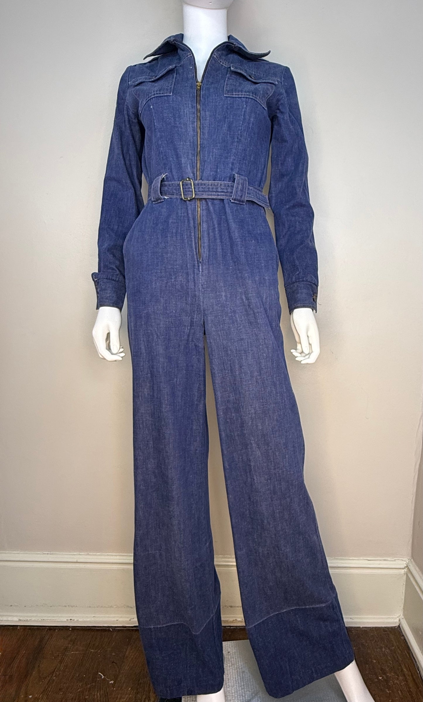 1970s Denim Zip Up Jumpsuit, Long Sleeve, Flare Leg, Sears Jr Bazaar XS/Small Tall