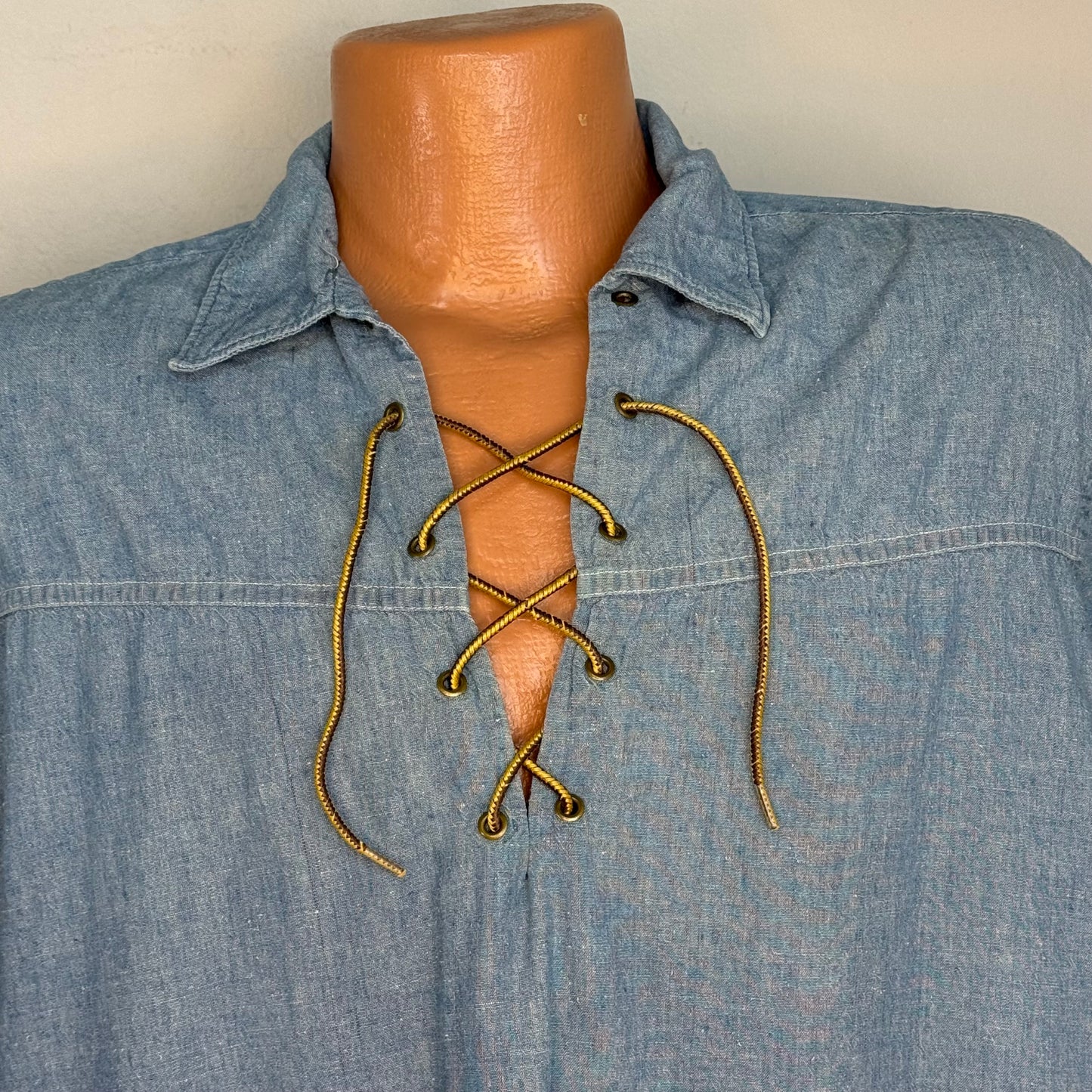 1960s Lace Up Chambray Shirt with Hippie Counter Culture Protest Print, The Surfer Size Large, Free Our Dorm