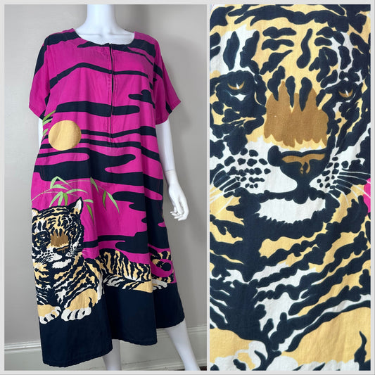 1980s Tiger Sunset Caftan Dress, Sabysco Size Large