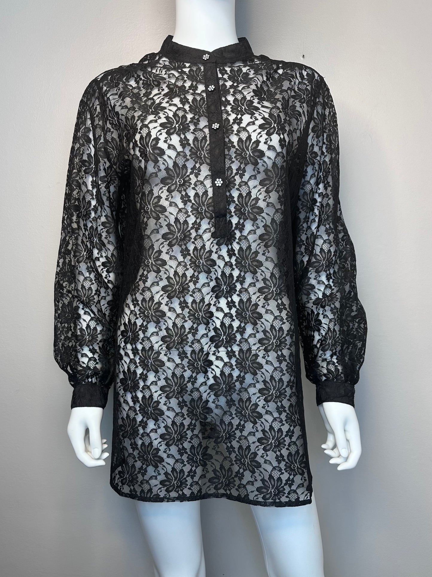 1970s Black Lace Long Sleeve Tunic with Rhinestone Flower Buttons, Saks Fifth Avenue Size Medium, Micro Mini Dress