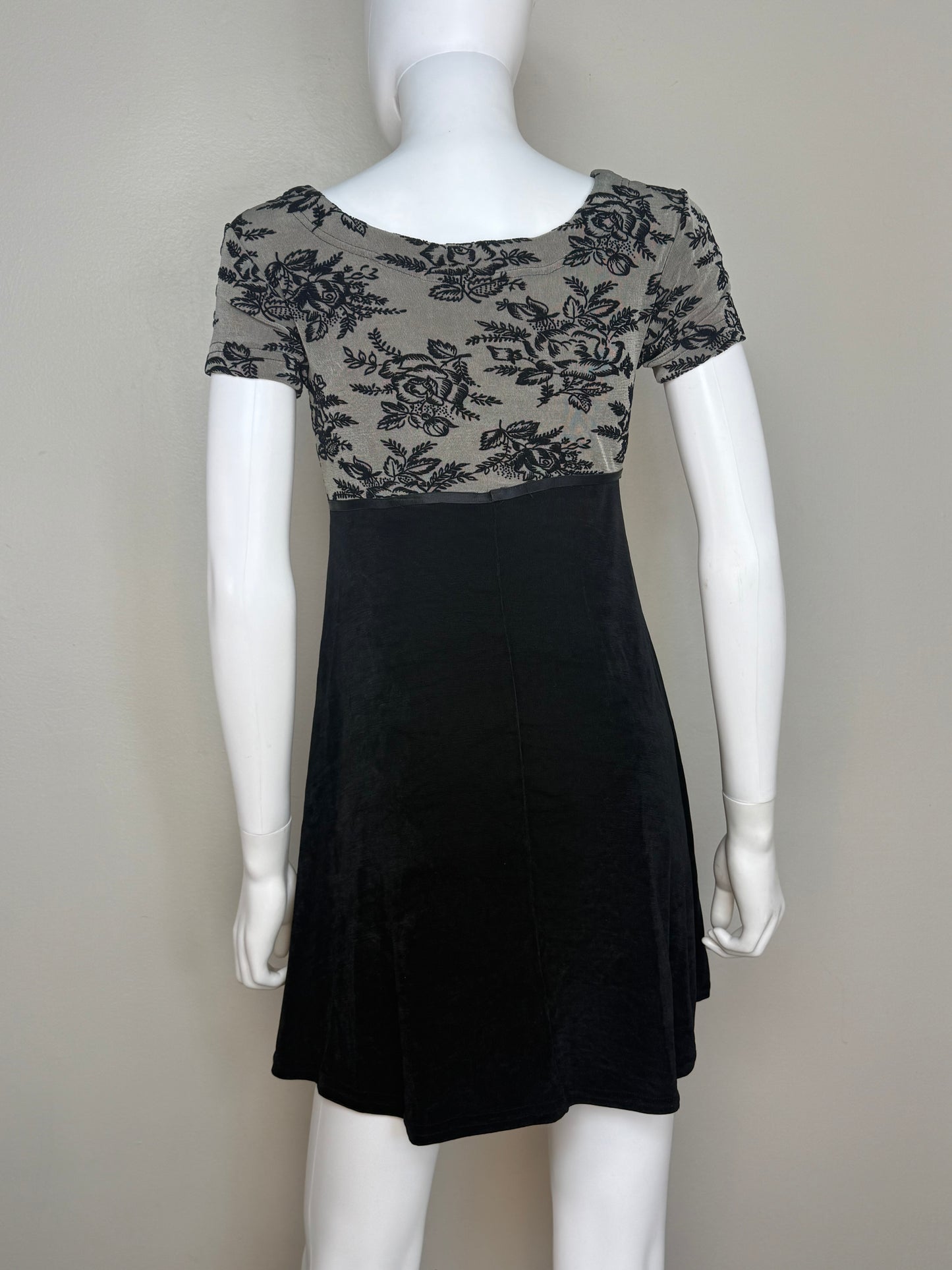1990s Black Floral Knit Dress, La Belle Size Small, Flocked Velvet Roses
