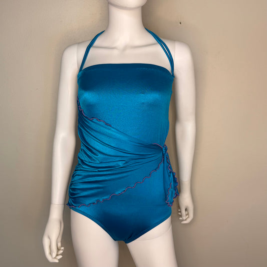 1970s/80s Aqua Blue Strapless Sarong Swimsuit, Rose Marie Reid, One Piece