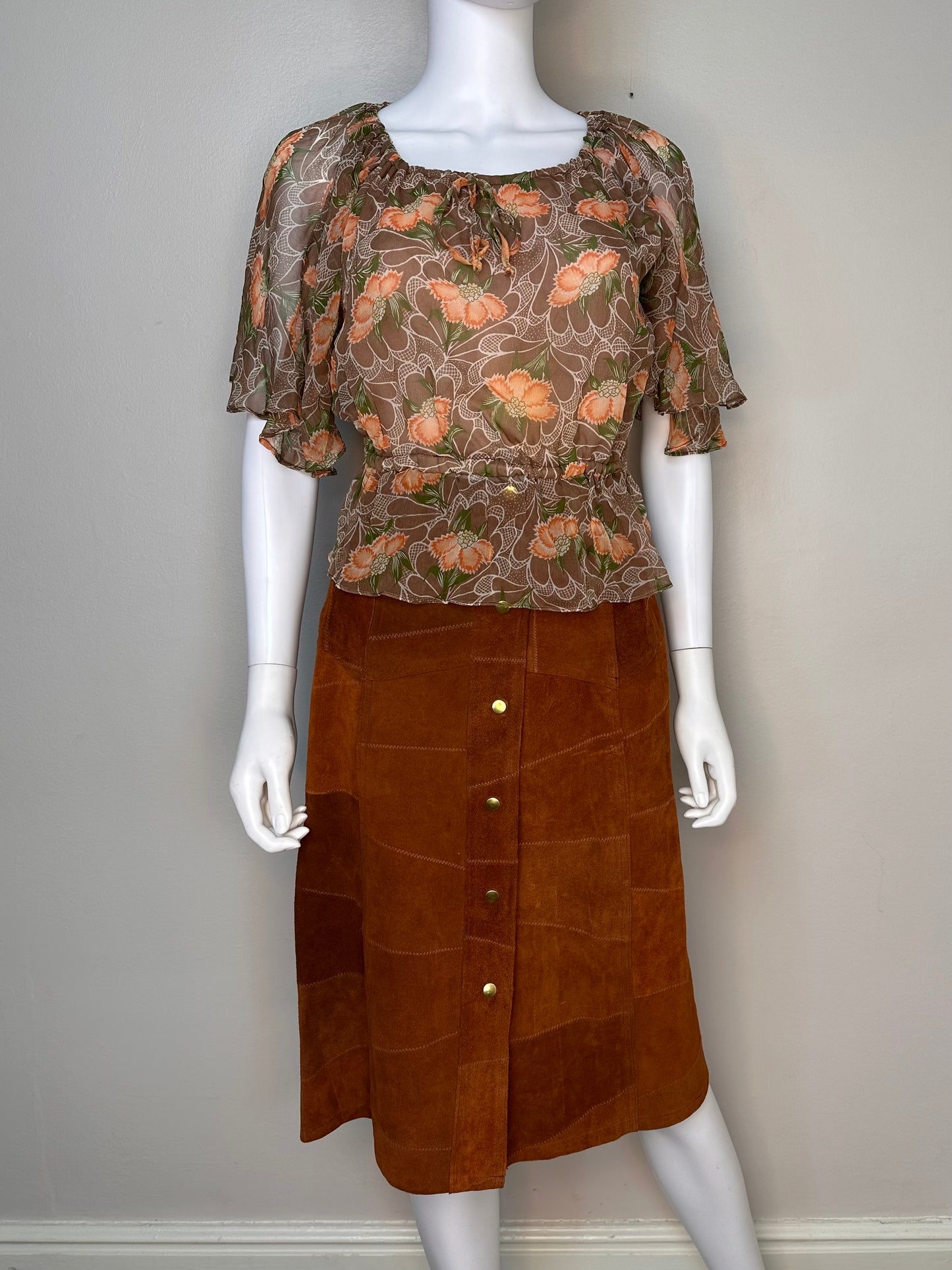 1970s Chestnut Brown Patchwork Leather Midi Skirt, Snap Front, Hide Away Mexico Size XS/S