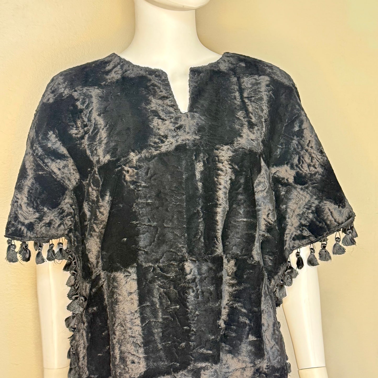 1970s Black Velvet Poncho with Fringe, Handmade Size Small-Medium