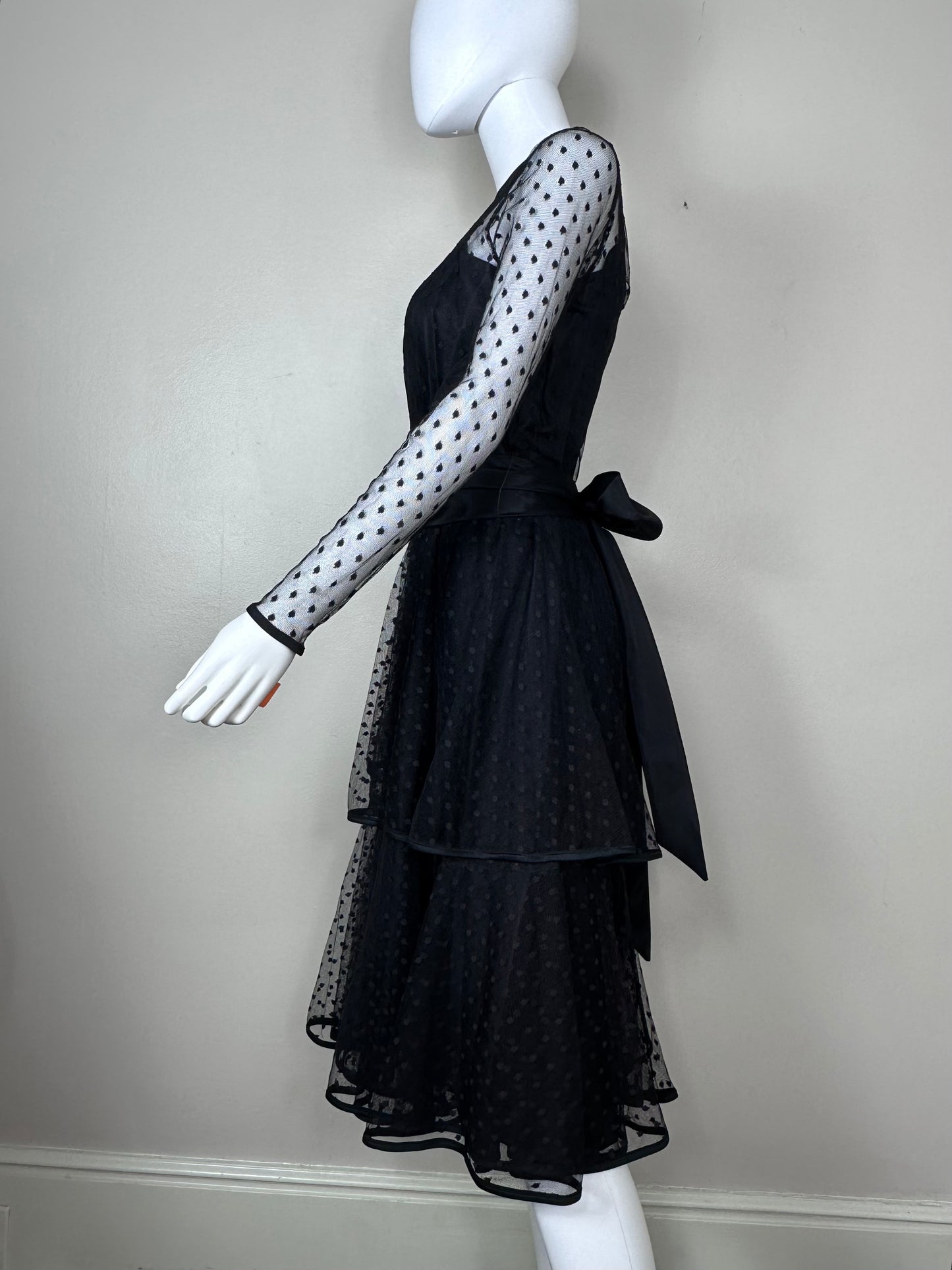 1980s Sheer Black Polka Dot Lace Dress Size Small