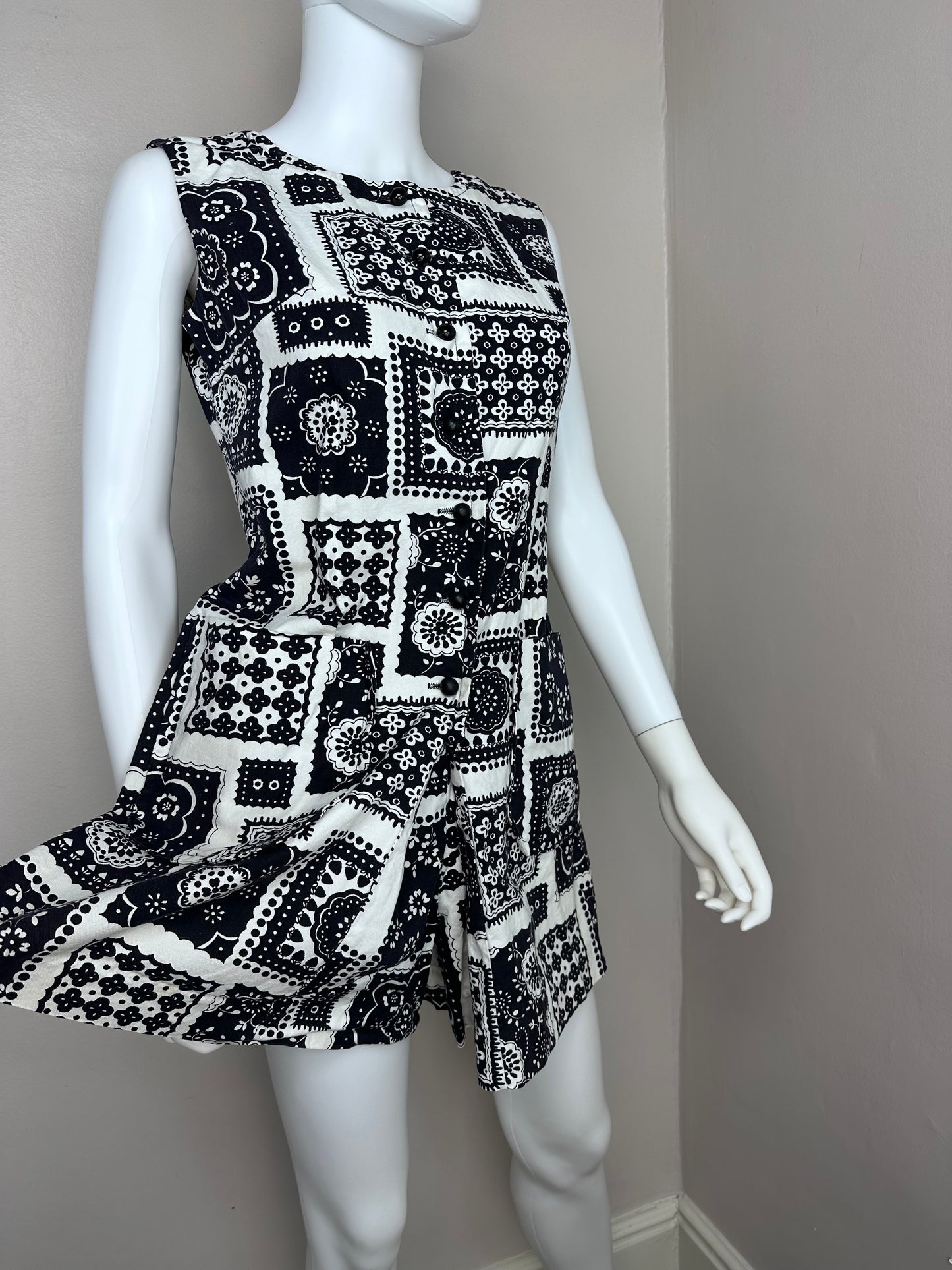 1960s Black and White Bandana Patchwork Print Romper, Sunny South Fashions Size Large