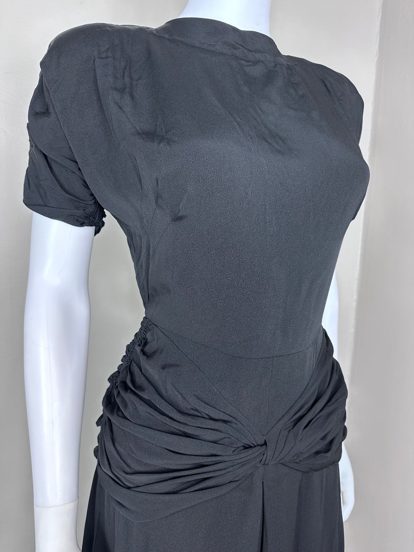 1940s Black Dress with Ruched Waist, R & K Originals Size XXS