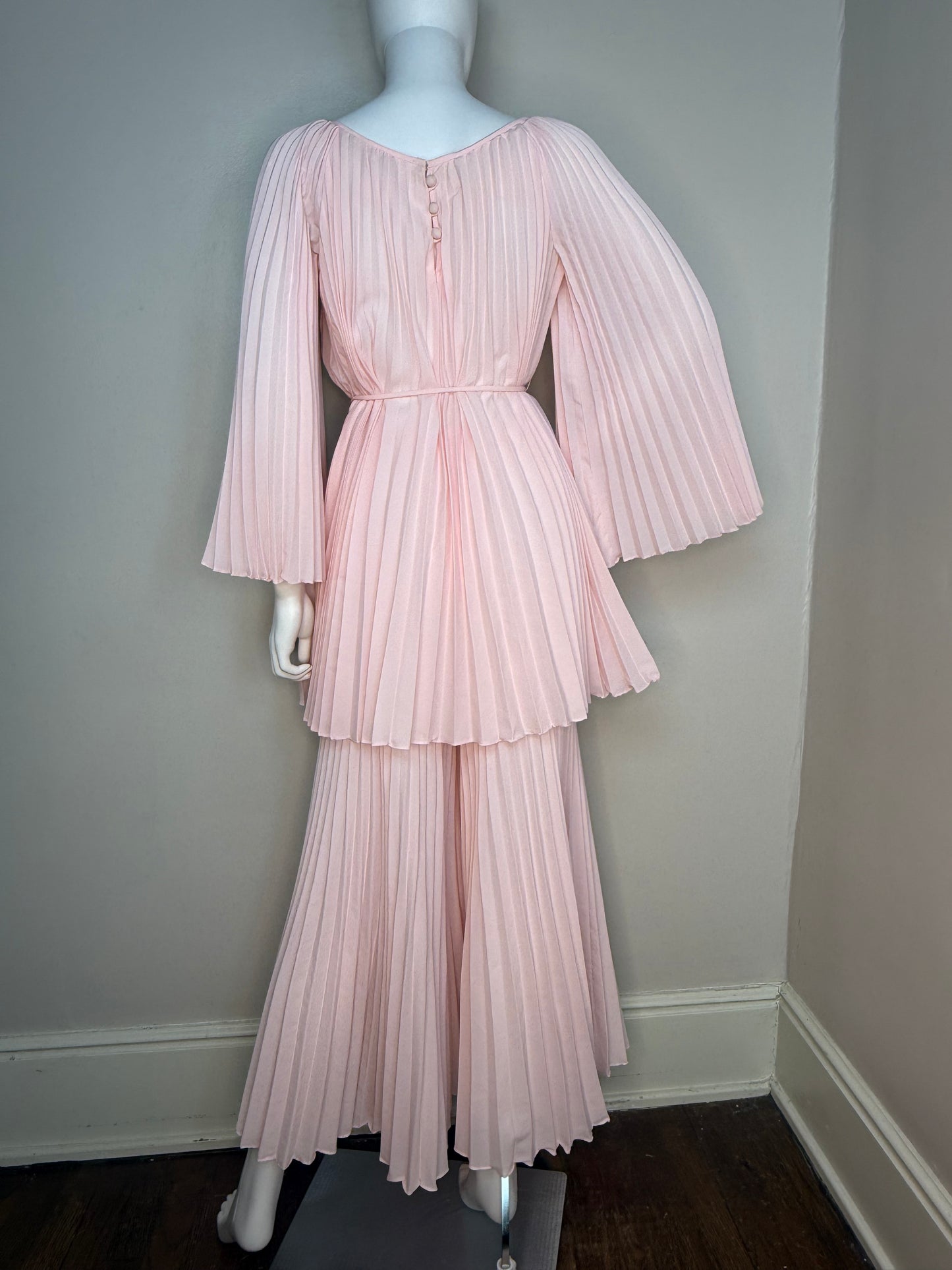1960s Pastel Pink Pleated Mini Dress and Palazzo Pants Set, Bell Sleeves, Extra Wide Legs, Size XS-Small