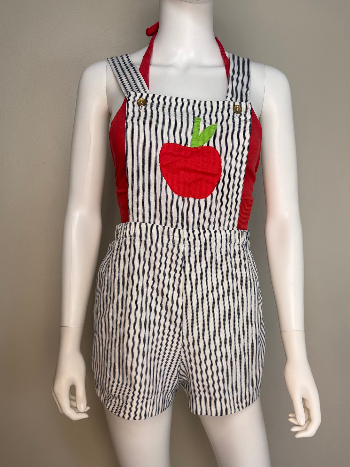 1970s Striped Low Back Overall Shorts with Apple Appliqué, Shortalls, Size X-Small