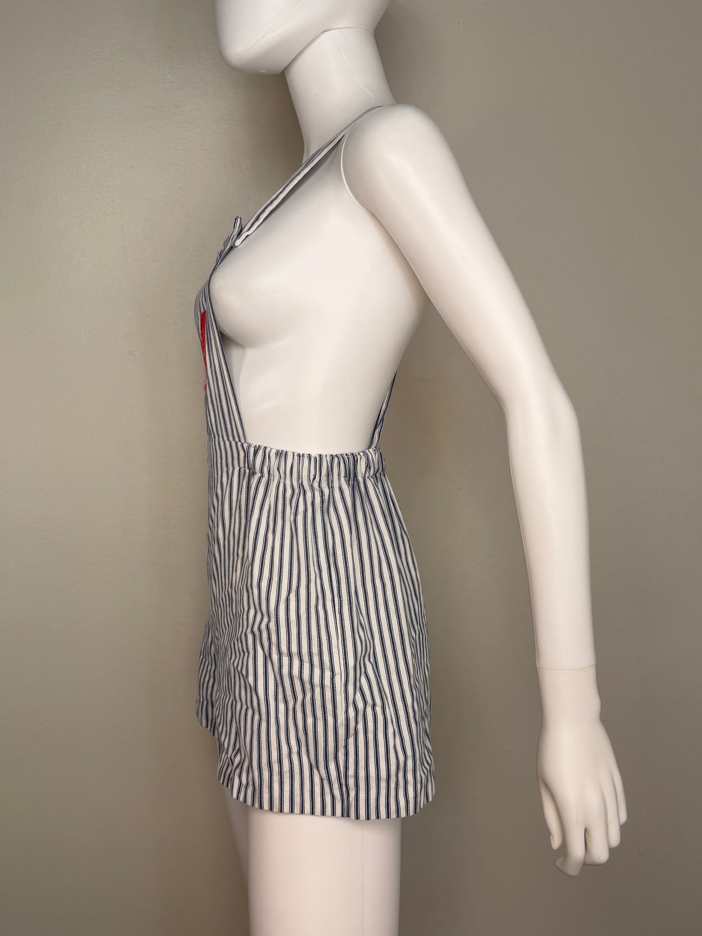 1970s Striped Low Back Overall Shorts with Apple Appliqué, Shortalls, Size X-Small