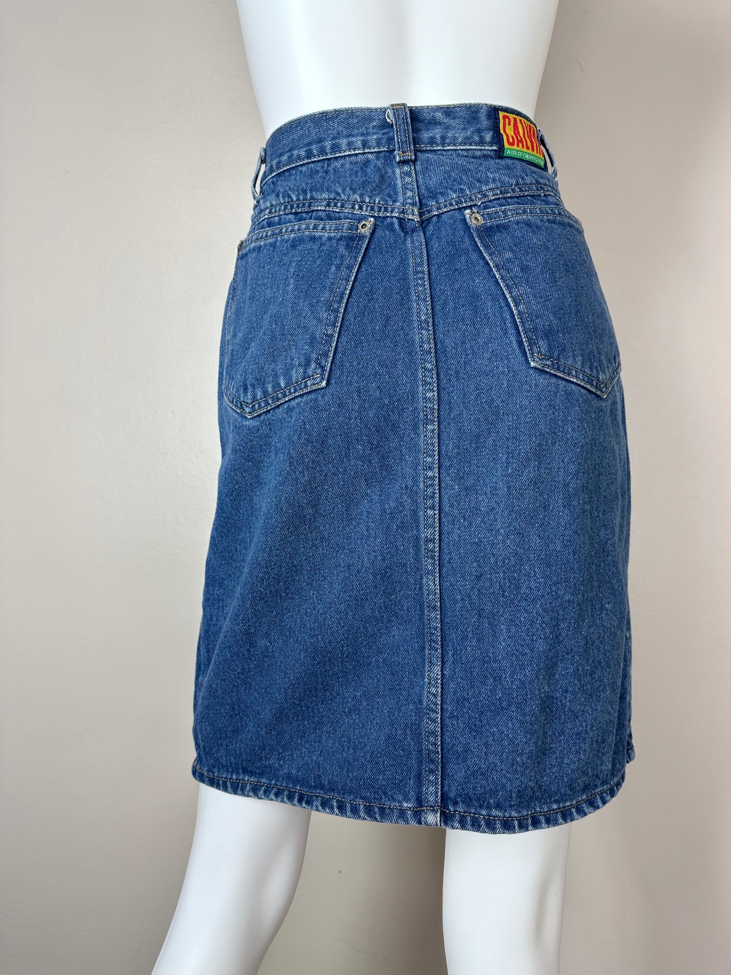 1980s Denim Skirt, Calvin Klein Size XS, Straight Knee Length, Blue Jean