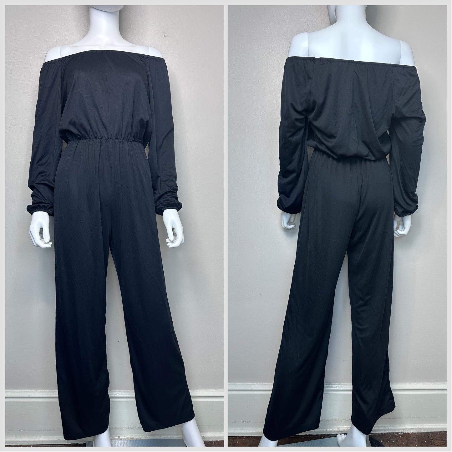 1980s Black Longsleeve Jumpsuit with Elastic Neck, Anthony Richards Size Small-Medium, Hostess Loungewear