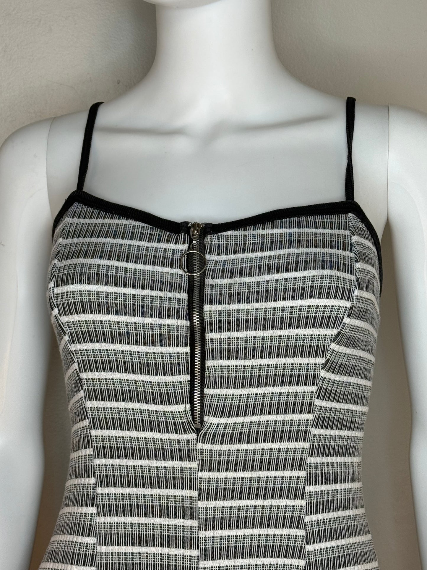 1990s Black and White Stripe Knit Romper, Cargo Size Small, Sleeveless
