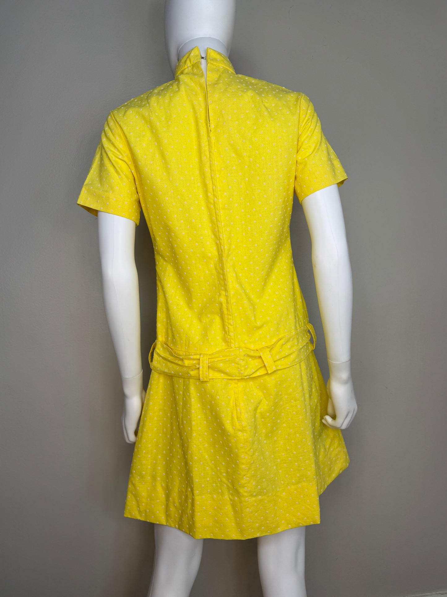 1960s Yellow Swiss Dot Drop Waist Mini Dress, Handmade Size S/M