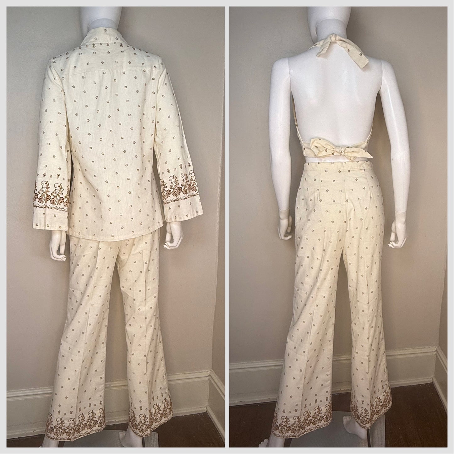 1970s 3 Piece Pant Suit, Cream and Brown Flocked Floral Border Print, Halter Top, Slacks, Asian Inspired Shirt Jacket, JC Penney Fashions Size XS/Small