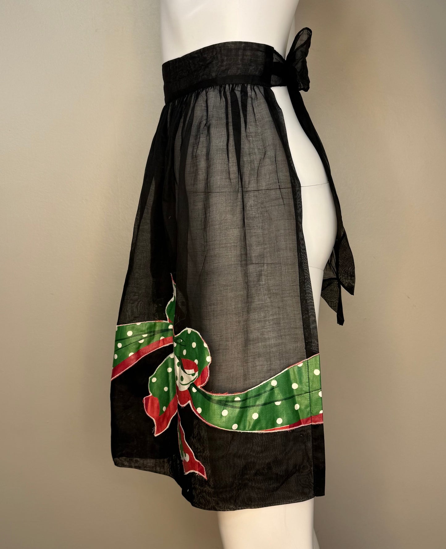 1950s Carmen Lee Half Apron, Christmas, Black Organza, Red and Green Polka Dot Bow Appliqué