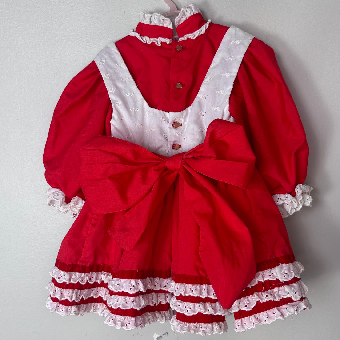 1980s Red Frilly Pinafore Dress, Martha’s Miniatures Size 2/3, We're Fussy